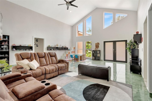 14100 SW 21st St, Davie, FL 33325 - living room with high vaulted ceiling, ceiling fan, and healthy amount of natural light