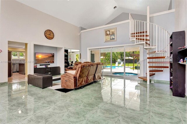 14100 SW 21st St, Davie, FL 33325 - living room with high vaulted ceiling, marble finish floors, and stairway