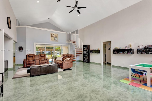 14100 SW 21st St, Davie, FL 33325 - living room with high vaulted ceiling, ceiling fan, stairs, and marble finish floors