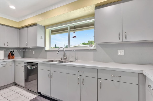 14100 SW 21st St, Davie, FL 33325 - kitchen featuring stainless steel dishwasher, light countertops, ornamental molding, and light tile patterned floors