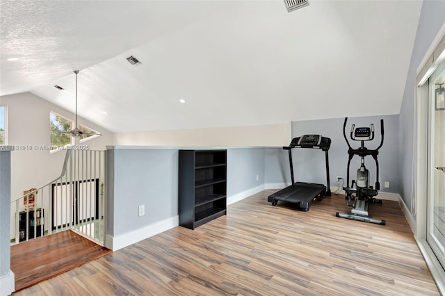 14100 SW 21st St, Davie, FL 33325 - workout room featuring wood finished floors and vaulted ceiling
