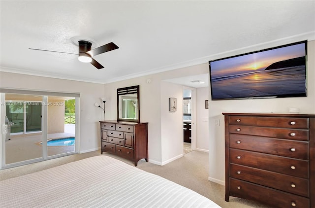 14100 SW 21st St, Davie, FL 33325 - carpeted bedroom featuring access to outside, ornamental molding, and ceiling fan