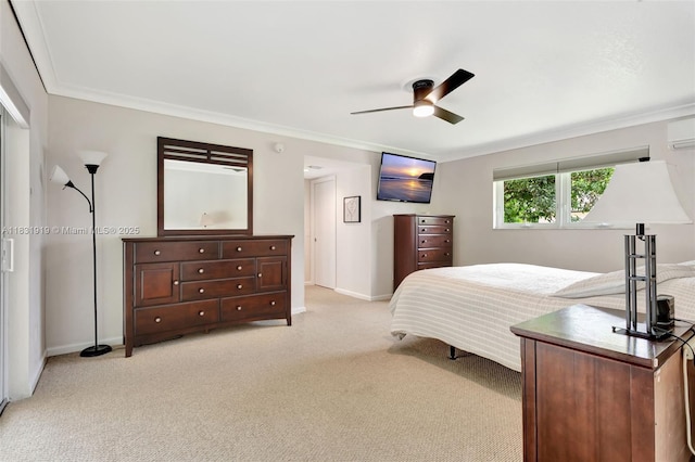 14100 SW 21st St, Davie, FL 33325 - bedroom featuring light colored carpet, ornamental molding, a wall unit AC, and ceiling fan