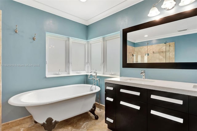 14100 SW 21st St, Davie, FL 33325 - full bath featuring a soaking tub, vanity, crown molding, and tiled shower