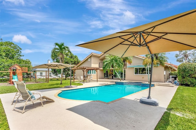 14100 SW 21st St, Davie, FL 33325 - swimming pool with a patio area, a yard, and a playground