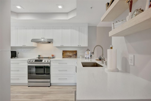 7588 SW 102nd St Unit 203, Pinecrest, FL 33156 - kitchen with stainless steel electric range oven, under cabinet range hood, light wood finished floors, and light countertops