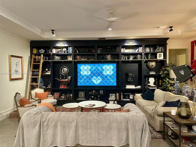 799 Hookline Cir, Loxahatchee, FL 33470 - living room featuring crown molding, ceiling fan, wood finished floors, and a tray ceiling