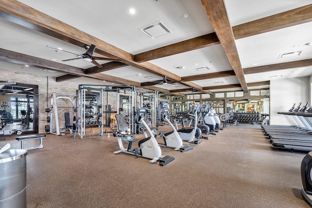 799 Hookline Cir, Loxahatchee, FL 33470 - gym with a ceiling fan, beamed ceiling, coffered ceiling, and recessed lighting