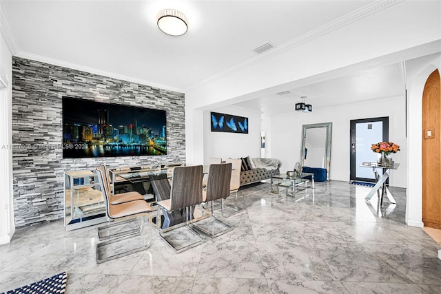 11055 NW 59th Ct, Hialeah, FL 33012 - living room featuring ornamental molding, marble tiled floors, and arched walkways