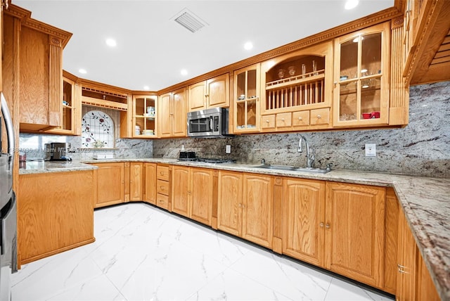 11055 NW 59th Ct, Hialeah, FL 33012 - kitchen with stainless steel appliances, light marble finish flooring, recessed lighting, glass insert cabinets, and tasteful backsplash
