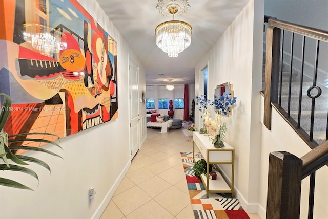 2954 NW 124th Way, Sunrise, FL 33323 - hallway with stairway, tile patterned flooring, and a chandelier