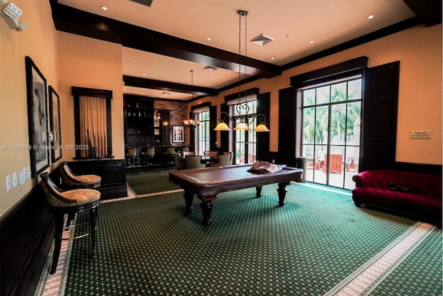 2954 NW 124th Way, Sunrise, FL 33323 - game room featuring carpet flooring, beam ceiling, billiards table, and a community bar