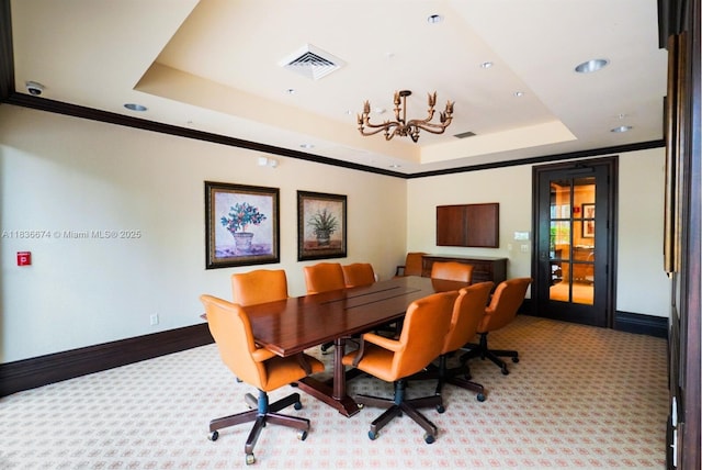 2954 NW 124th Way, Sunrise, FL 33323 - office area featuring a raised ceiling, light carpet, recessed lighting, a chandelier, and crown molding