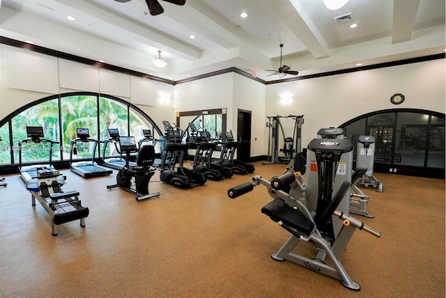 2954 NW 124th Way, Sunrise, FL 33323 - exercise room featuring a ceiling fan, beamed ceiling, recessed lighting, and a towering ceiling
