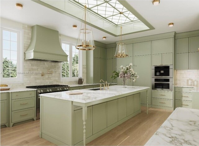 309 NE 99th St, Miami Shores, FL 33138 - kitchen featuring premium range hood, green cabinets, high end stove, backsplash, and a chandelier