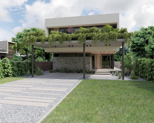 4050 Loquat Ave, Coconut Grove, FL 33133 - contemporary house featuring stone siding, a front yard, and stucco siding