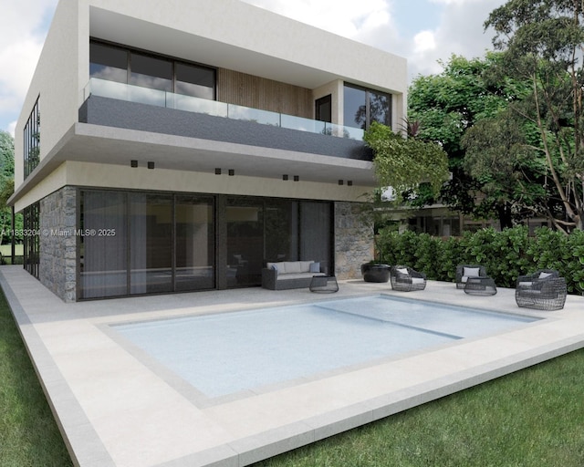 4050 Loquat Ave, Coconut Grove, FL 33133 - back of property with stone siding, stucco siding, an outdoor pool, a patio, and an outdoor hangout area