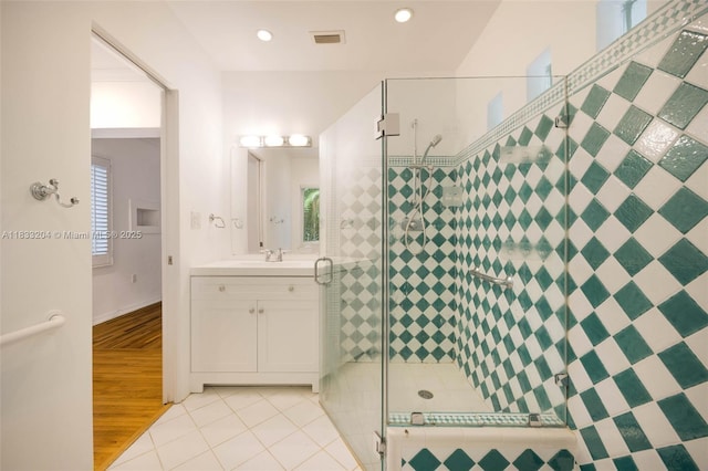 4050 Loquat Ave, Coconut Grove, FL 33133 - full bath featuring vanity, a stall shower, tile patterned floors, and recessed lighting