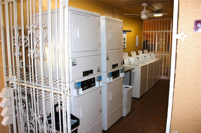 1154 W 35th St Unit 221, Hialeah, FL 33012 - community laundry featuring stacked washer / drying machine, brick floors, and ceiling fan