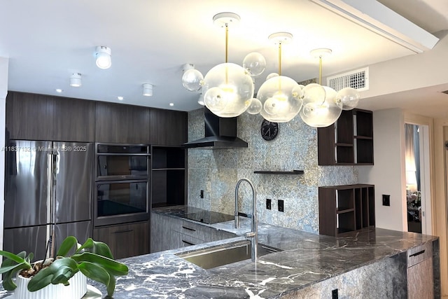 20379 W Country Club Dr Unit 2333, Aventura, FL 33180 - kitchen with black appliances, wall chimney range hood, decorative backsplash, open shelves, and dark stone counters