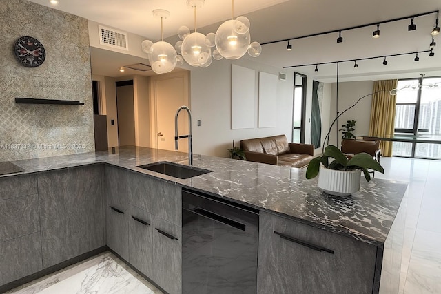 20379 W Country Club Dr Unit 2333, Aventura, FL 33180 - kitchen featuring dishwashing machine, light marble finish flooring, dark stone countertops, gray cabinets, and modern cabinets