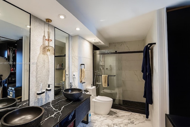 20379 W Country Club Dr Unit 2333, Aventura, FL 33180 - bathroom with marble finish flooring, a shower stall, double vanity, and recessed lighting