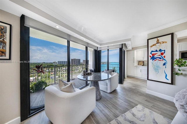 4000 Towerside Ter Unit 1507, Miami, FL 33138 - living area featuring ornamental molding, light wood-style flooring, and a city view