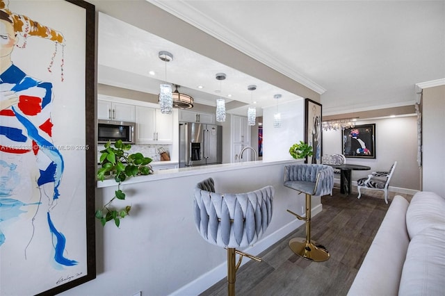 4000 Towerside Ter Unit 1507, Miami, FL 33138 - living area with ornamental molding, dark wood-style flooring, and recessed lighting