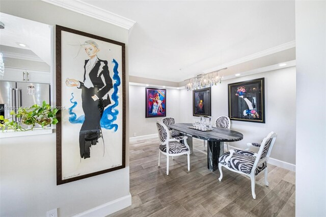 4000 Towerside Ter Unit 1507, Miami, FL 33138 - dining room with crown molding, wood finished floors, recessed lighting, and a chandelier