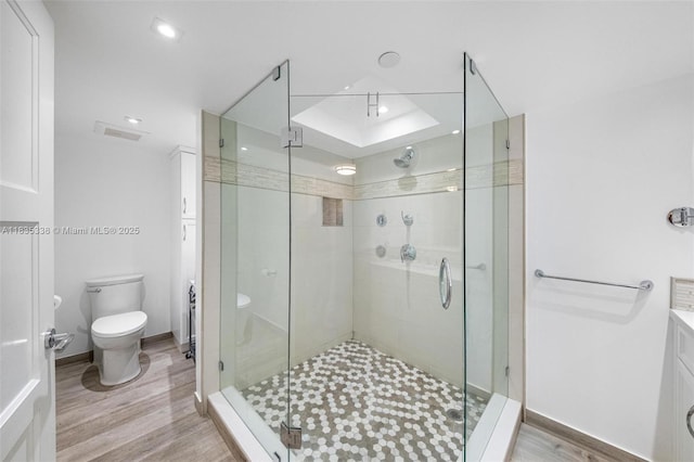 4000 Towerside Ter Unit 1507, Miami, FL 33138 - bathroom with a stall shower, wood finished floors, and recessed lighting