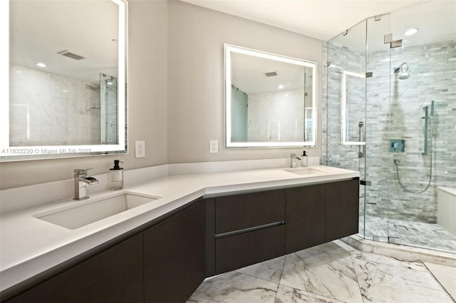 851 NE 1st Ave Unit 2809, Miami, FL 33132 - full bathroom with marble finish floors, double vanity, a shower stall, and recessed lighting