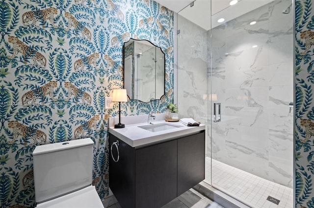 851 NE 1st Ave Unit 2809, Miami, FL 33132 - bathroom with vanity, a marble finish shower, and recessed lighting