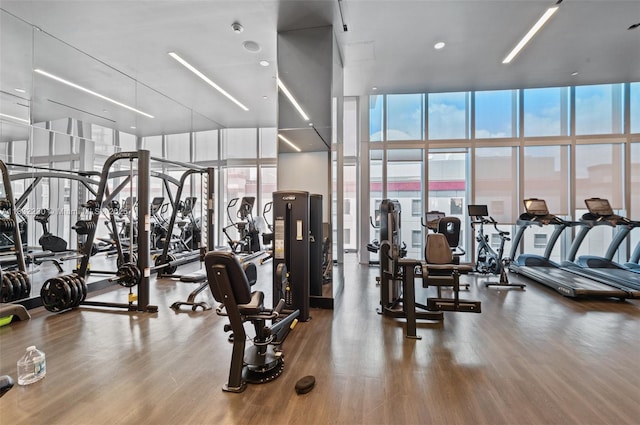 851 NE 1st Ave Unit 2809, Miami, FL 33132 - gym featuring a wall of windows, healthy amount of natural light, and wood finished floors