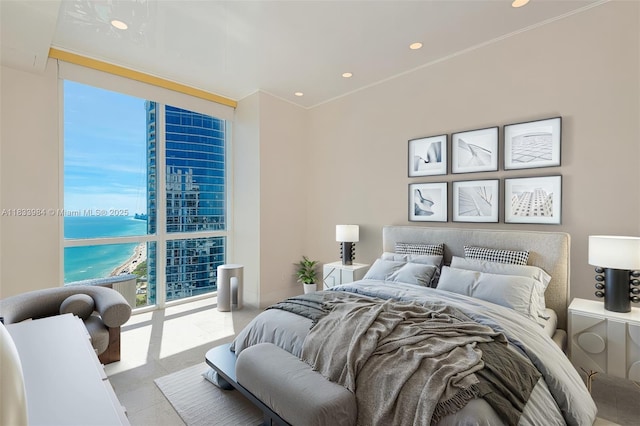 18101 Collins Ave Unit Ph5104, Sunny Isles Beach, FL 33160 - bedroom with a water view, recessed lighting, and crown molding