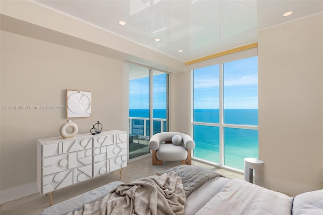 18101 Collins Ave Unit Ph5104, Sunny Isles Beach, FL 33160 - bedroom featuring access to outside, a water view, recessed lighting, multiple windows, and ornamental molding