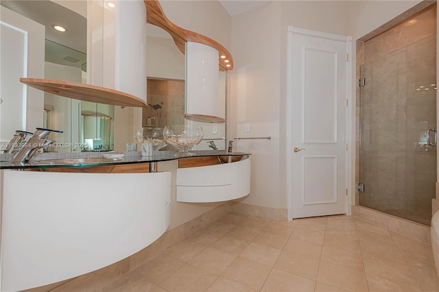 18101 Collins Ave Unit Ph5104, Sunny Isles Beach, FL 33160 - bathroom featuring a stall shower, tile patterned flooring, double vanity, and recessed lighting