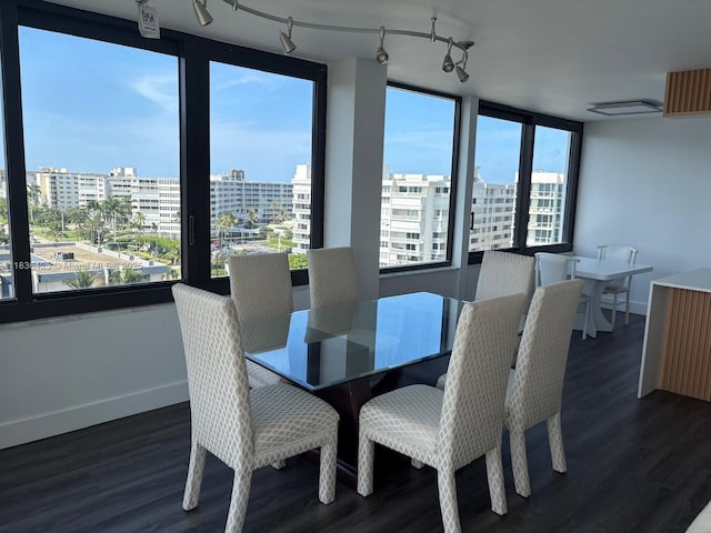 3589 S Ocean Blvd Unit 914, South Palm Beach, FL 33480 - dining area with plenty of natural light, wood finished floors, a city view, and rail lighting