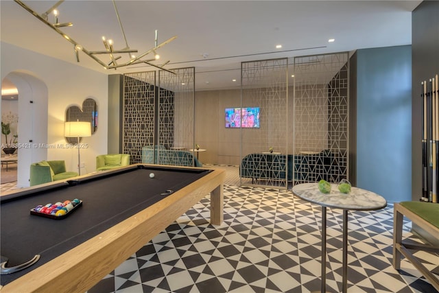 801 S Miami Ave Unit 1210, Miami, FL 33130 - rec room featuring arched walkways, billiards, tile patterned floors, a chandelier, and recessed lighting