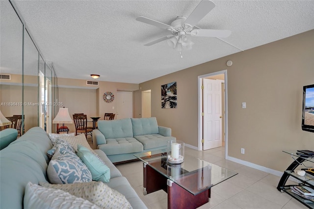 531 N Ocean Blvd Unit 1108, Pompano Beach, FL 33062 - living room featuring a ceiling fan, a textured ceiling, and light tile patterned flooring