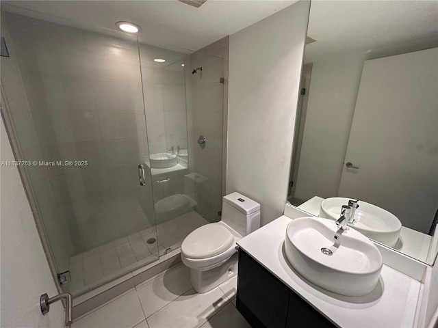 31 SE 6th St Unit 407, Miami, FL 33131 - full bathroom with a stall shower, tile patterned flooring, vanity, and recessed lighting