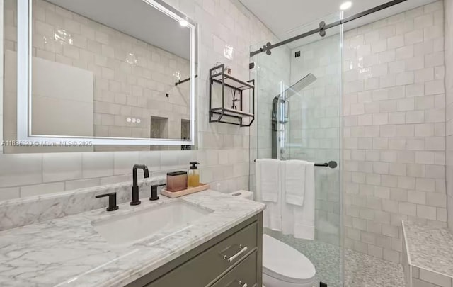 2301 SW 17th Ave, Miami, FL 33145 - bathroom featuring a shower stall, vanity, tile walls, and decorative backsplash