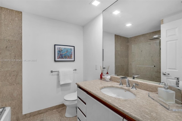 1643 Brickell Ave Unit 1406, Miami, FL 33129 - bathroom with vanity, tiled shower, tile patterned flooring, a bath, and recessed lighting