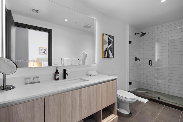 398 NE 5th St Unit 3219, Miami, FL 33132 - bathroom featuring vanity, a stall shower, tile patterned floors, and recessed lighting