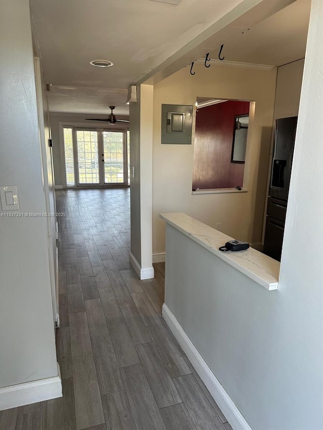 661 N University Dr Unit 1-201, Pembroke Pines, FL 33024 - hallway with dark wood-type flooring, electric panel, and ornamental molding