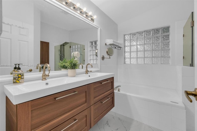 16410 Sapphire Bnd, Weston, FL 33331 - full bath with double vanity, a bath, a shower with door, and marble finish floors