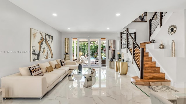 16204 SW 18th Pl, Miramar, FL 33027 - living room featuring recessed lighting, stairway, light marble finish flooring, and french doors