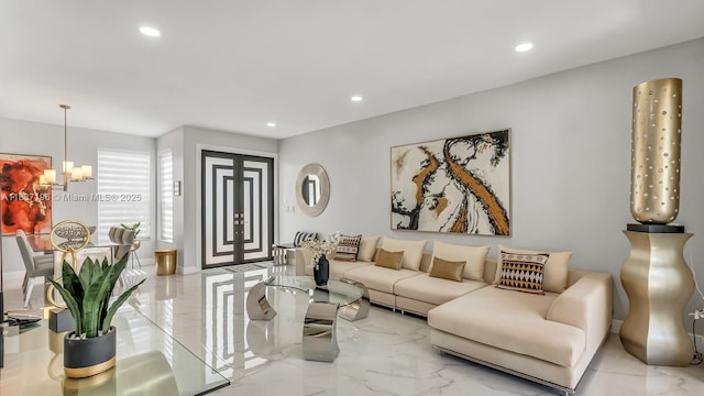 16204 SW 18th Pl, Miramar, FL 33027 - living area featuring recessed lighting, a chandelier, and light marble finish floors