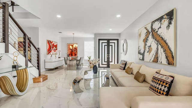 16204 SW 18th Pl, Miramar, FL 33027 - living room featuring marble tiled floors, stairway, and recessed lighting