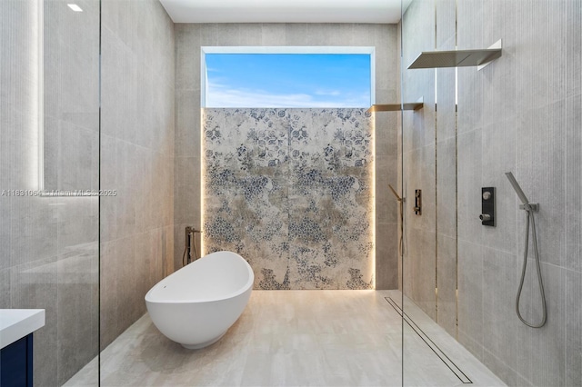 416 NW 24th St, Wilton Manors, FL 33311 - bathroom featuring a tile shower, vanity, and a freestanding bath