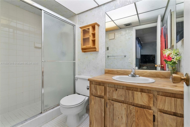 1512 NW 113th Way, Pembroke Pines, FL 33026 - full bathroom with wallpapered walls, a shower stall, vanity, and tile patterned flooring